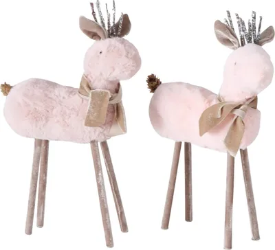 Two pink plush reindeer figures with brown scarves and silver antlers.