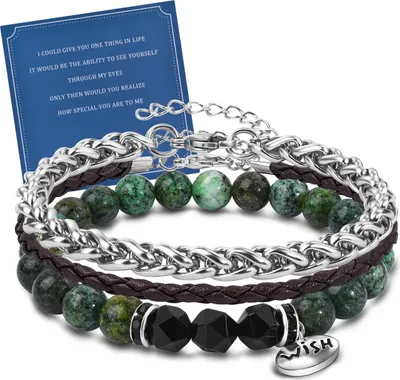 Produktbild von Herren Armband Set 3 Stück Leder Edelstahl Naturstein Perlen Geschenkset