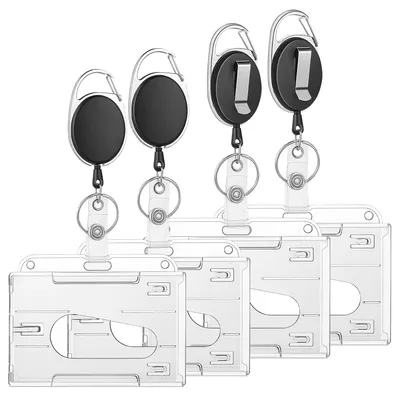 Productafbeelding van Set van 4 kaarthouders met intrekbare koorden, transparante hardplastic kaarthouder van 10x6 cm, identiteitskaarthouder met bandjes voor identiteitskaart, creditcard en rijbewijs (zwart)
