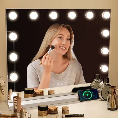 Produktbild von MULISOFT Hollywood Spiegel mit Beleuchtung, 58x45cm Schminkspiegel mit 14 LED Lampen 3 Farben einstellbar, Make up Spiegel mit Touchschalter USB Ausgang