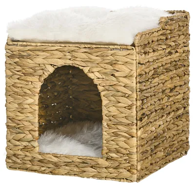 Produktbild von PawHut Rattan Katzenhaus, Katzenhöhle mit Kissen, Katzenhütte mit 2 Ebenen