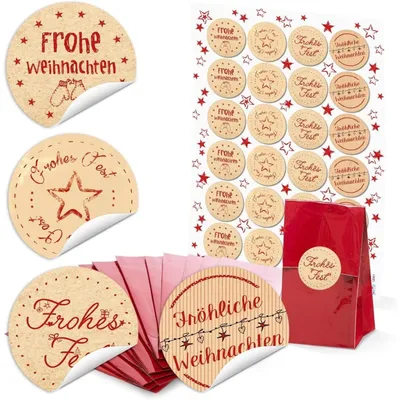 Produktbild von 24 rote Blockbodenbeutel Pergamineinlage 7 x 4 x 20,5 c) + runde Weihnachts-Aufkleber Weihnachtswünsche Verpacken Pralinen Tee und kleine Geschenke WeihnachtenWeihnachtsgrüße Rot, Beige, Weiß / 24 Stück