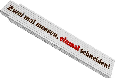 Produktbild von Meterstab aus Holz mit Spruch für Handwerker - Zwei mal messen, einmal