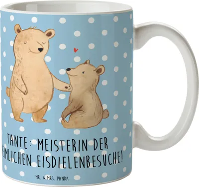 Produktbild von Mr. & Mrs. Panda Kaffeebecher Tante Eisdielenmeisterin - Blau Pastell - Geschenk, Neffe, Familie, Teebecher, Jubiläen, persönliche Erinnerungen, Tasse, Becher, Humor