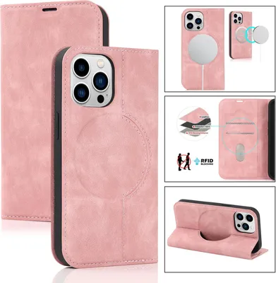 Produktbild von MagSafe Handy Tasche für Apple iPhone 13 Pro Handy Hülle Schutzhülle Wallet mit Kartenfächer und Aufstellfunktion Klapphülle Flip Cover Case Farbe: Rosa