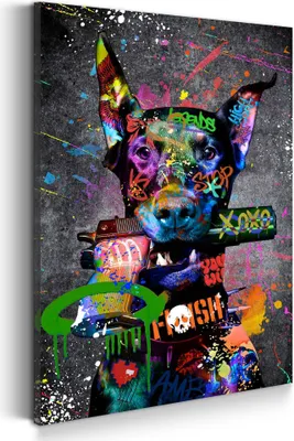 A graffiti-style painting of a Doberman dog holding a gun, with vibrant colors and spray paint splatters.