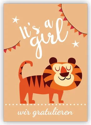 Produktbild von 4x süße Babykarte mit Tiger zu Geburt eines Mädchen: It's a girl - wir gratulieren