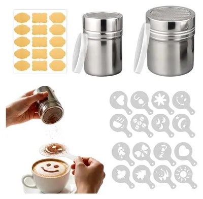 Produktbild von 2er Set Kakaostreuer aus Edelstahl mit Frischhaltedeckel und 16 Cappuccino-Schablonen sowie 10 Crayful-Aufklebern