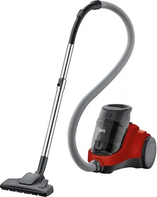 A red and black cylinder vacuum cleaner with a gray hose and silver wand, shown against a white background.