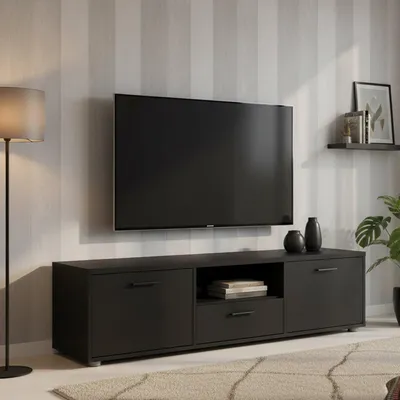 Image de Charo - Meuble TV, 147x40x38 cm Noir, un Tiroir