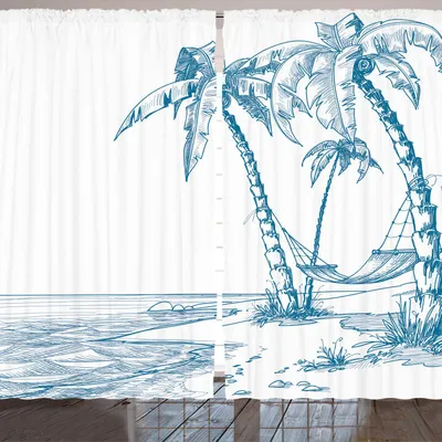 Produktbild von ARANDE Strand Gardine, Moderne Illustration Eines Tropischen Strandes Mit Palmen Hängematte Hawaiian Relax, 280 x 225 cm, Blau Weiss