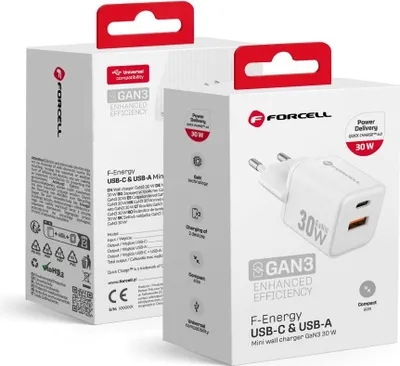 Produktbild von Forcell, GaN III 30W Netzladegerät mit USB-C + USB, Mini-Format, Weiß