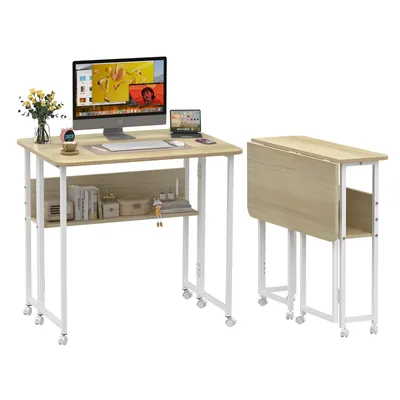 Produktbild von Klapptisch mit Rollen 80x58cm,Platzsparender Schreibtisch Computertisch Faltbar Tisch mit Stauraum,PC Gaming Tisch Arbeitstisch für Heimbüro Beige