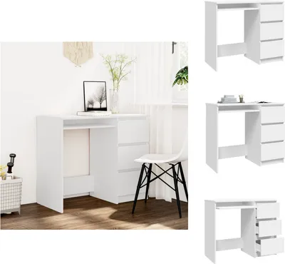 A collage of images showing a white desk from different angles and in different settings.