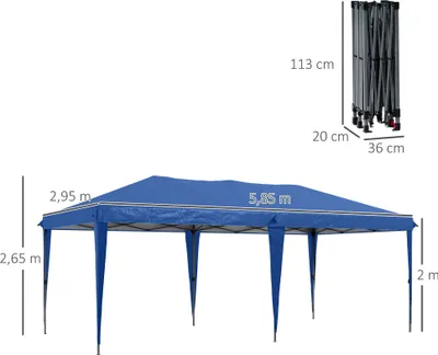 Diagram showing dimensions of a blue pop-up gazebo and its folded frame.