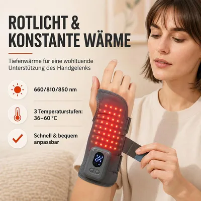 Produktbild von Beheizbare Handgelenkbandage mit Rotlicht, Akku Wärmbandage 650nm 850nm, 7 Heizstufen, kabellos, für linke und rechte Hand