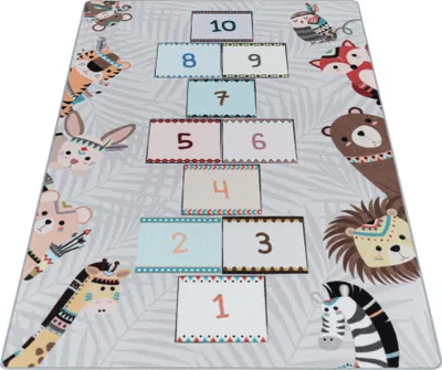 Produktbild von Kinder Teppich Kinderzimmer für Jungs und Mädchen Grau 140x200 weich Himmel und Hölle bunt aus Regenbogen Fußball uvm. Rechteck aus Polyamid