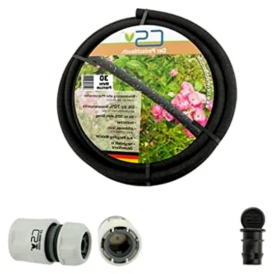 Produktbild von 30m CS Perlschlauch Premium mit durchflussreduziertem Schnellschlauchstück und Endstopfen für die Gartenbewässerung mit bis zu 70% Wasserersparnis