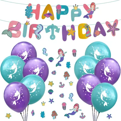 Produktbild von Oblique Unique Happy Birthday Geburtstag Meerjungfrau Party Deko Set - Luftballons + Happy Birthday Girlande + Meerjungfrauen Konfetti