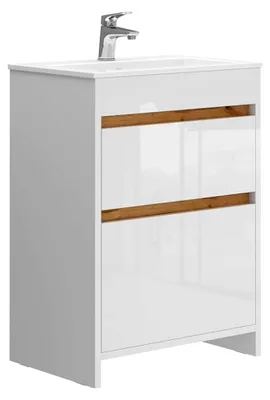 Produktbild von Waschbeckenunterschrank Detmold, Weiß Hochglanz/Goldkraft Eiche, 59,6 cm