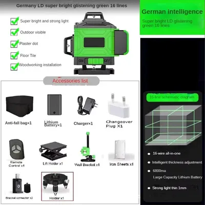 Produktbild von Lasernivelliergerät - 4D-Laser - 16 Grüne Linien - Selbstnivellierend - 360° Horizontal und Vertikal - Akku im Lieferumfang