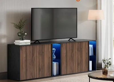 Produktbild von SONGMICS HOME Superschnelle werkzeuglose Montage, Sideboard mit Beleuchtung, 2er Set Aufbewahrungsschrank, TV-Schrank, Glasablage,Toolless-Technologie
