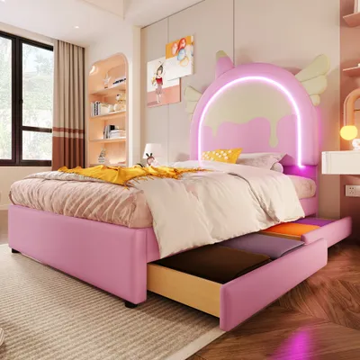 Immagine prodotto di Letto per bambini AIORBER, letto imbottito, 200 x 90 cm, senza materasso,Poliuretano& MDF, striscia luminosa colorata integrata, 2 cassetti, testata a forma di unicorno, rosa