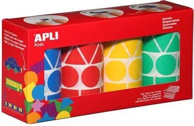 Image de Apli Kids - Autocollants pour enfants XL, boîte de 4 rouleaux de 4 couleurs et 4 formes (bleu, rouge, jaune et vert)