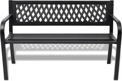 A black metal garden bench is shown against a white background.