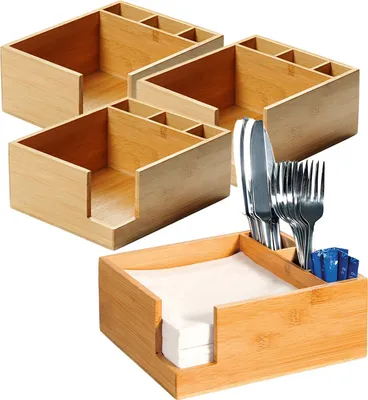 Produktbild von 6 Stück Besteckkasten mit Serviettenspender - Bambus, 18 x 18cm