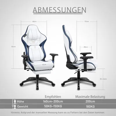 Zdjęcie produktu dla fotel gamingowy z 4D podłokietnikami, podnóżkiem, oddychającą skórą, funkcją masażu USB i udźwigiem 180 kg, kolor biały