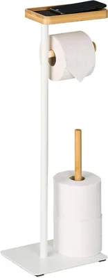 Image de Porte-rouleau de toilette - Étagère - Porte-rouleau de toilette autoportant - Porte-rouleau de toilette sans perçage - Métal - Bambou - Blanc naturel