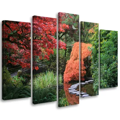 Produktbild von 5-teiliges leinwandbild japan garten wald 200x100 cm Feeby grün wandbild bereit zum aufhängen