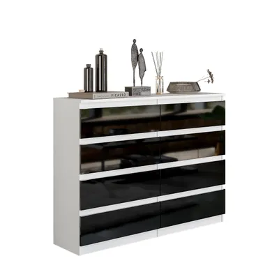 Immagine prodotto di GABRIEL - Cassettiera / credenza con 8 cassetti - Bianco opaco / Nero lucido - Altezza 92 cm, larghezza 120 cm, profondità 33 cm