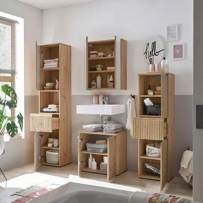 Obrázek produktu pro Vysoká koupelnová skříňka v dubovém vzhledu, 40 x 181 x 31 cm
