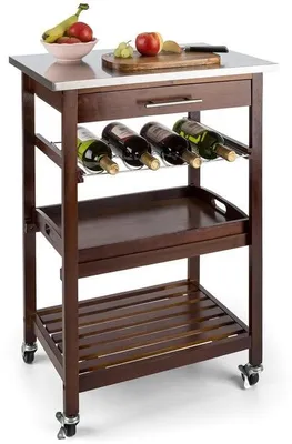 Immagine prodotto di Carrello multifunzionale per la cucina Unyqoos®: 4 ripiani, legno color marrone scuro, piano di lavoro in acciaio inossidabile, cassetto e vassoio estraibili, ruote