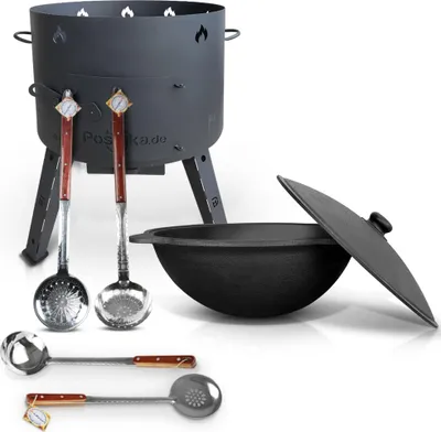 Produktbild von Gusseisen Kazan 22L Deckel Utschak 49cm Schaumlöffel x3, Schöpfkelle Grill Kessel