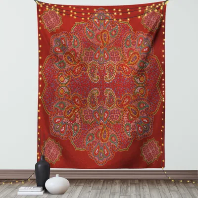 Produktbild von ABAKUHAUS Mandala Wandteppich, Marokkanischer persischer Entwurf Orientalischer rechteckiger Paisley-Blumendruck, Wohnzimmer Schlafzimmer Seidiger Satin Wandtuch, 150 x 200 cm, Bordeauxrot Weiß
