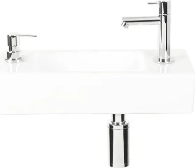 Obrázek produktu pro Sada umývátka Sapon 40 x 18 cm keramické bílé včetně umyvadlové baterie, sifonu a dávkovače mýdla chrom