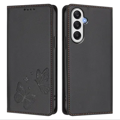 Image de Étui en cuir pour Samsung Galaxy A05S, étui de protection type portefeuille en cuir gaufré « papillon » avec support, noir