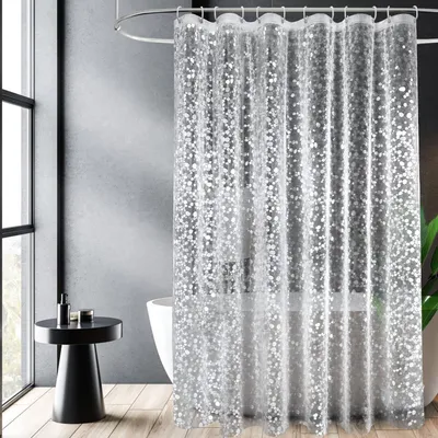 Productafbeelding van Douchegordijn 180 x 180 cm met gewicht en magneet, waterdicht, transparant douchegordijn van EVA-kunststof voor de badkamer, schimmelwerend douchegordijn met een 3D-kiezels patroon en 12 ringen.