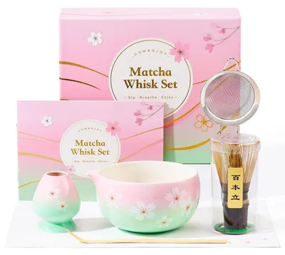 Produktbild von Matcha Set Japanische Teezeremonie 6-teilig mit Keramikschale violettem Bambusbesen Halter Sieb Löffel Sakura Design