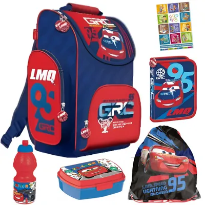 Produktbild von Schulranzen für Jungen , 6er-Set - Schul-Rucksack für Kinder mit Federmäppchen - Schuhbeutel und Hausaufgabenheft - Auto Motiv