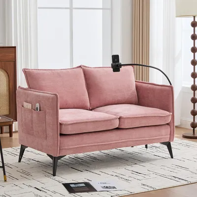 Produktbild von LVHOM 2-Sitzer Sofa mit Handyhalter und USB, Doppelsofa mit Seitentaschen, Polstersofa Zweisitzer mit Chenille Bezug, Rosa