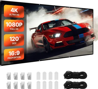 Produktbild von Projektionsleinwand Beamer-Leinwand - Manuell, Wandmontage - 305 cm Diagonale - 16:9 Format - 4K & 1080p geeignet - Inkl. 8 Haken & doppelseitigen Klebebändern - Für Heimkino