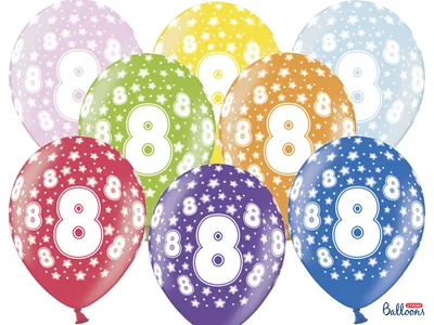 Zdjęcie produktu dla Balony lateksowe z nadrukiem '8' na urodziny, Metaliczne Mix, 30cm, 6 szt.