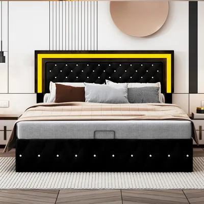 Zdjęcie produktu dla Łóżko na sprężynach hydraulicznych 160x200cm Rama łóżka LED Regulowane wezgłowie z inteligentnym sterowaniem LED RGBW, podwójne łóżko z aksamitu, czarne