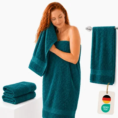 Produktbild von Komfortec 2er Set Duschtücher, 70x140cm Größe, Doppelpack, %100 Baumwolle, Handtücher, Frottee, Weich, Saugstark, Petrol, KI-generiertes Bild