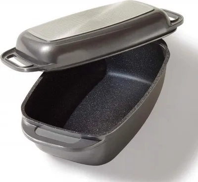 A gray roasting pan with a lid, shown from a diagonal angle.