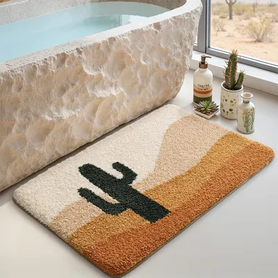 Image de Tapis de bain 50 x 80 cm, antidérapant, doux, absorbant, lavable, adapté à la douche et à la baignoire, couleur terre cuite avec motif cactus